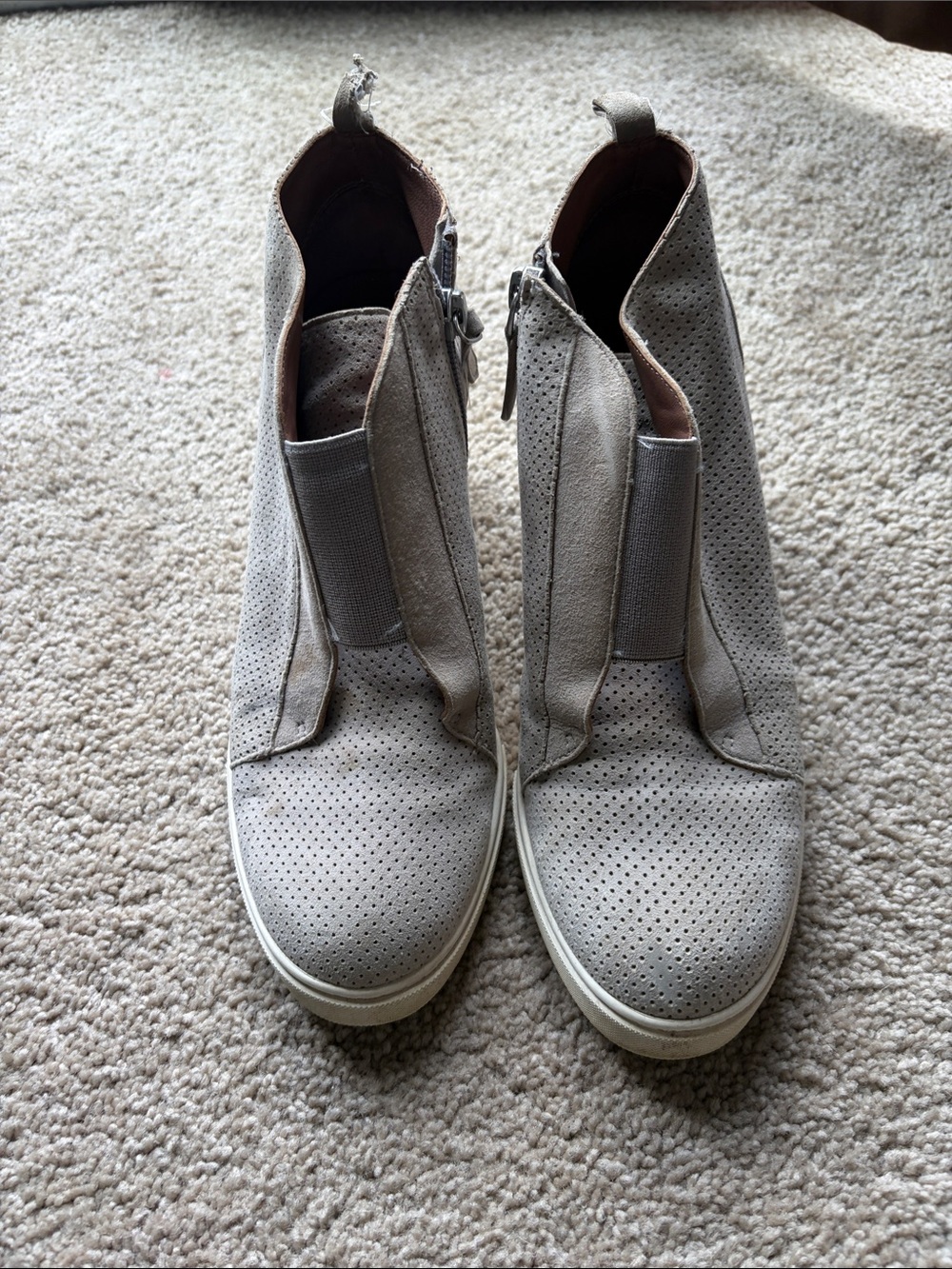 Perforated Taupe Slip-On Ankle Booties with Side Zip